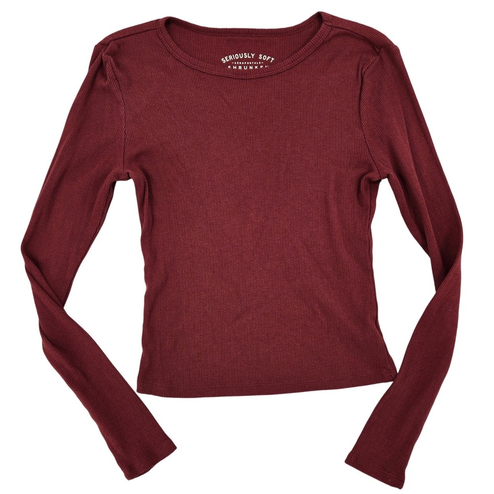 Aeropostale MEDIUM Shrunken Tee Womens Burgundy Ribbed Long Sleeve Top